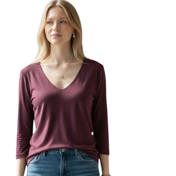 Anthropologie Wine Burnout Knit Sheer Back 3/4 Sleeve Tee Womens Large EUC - Picture 2 of 6